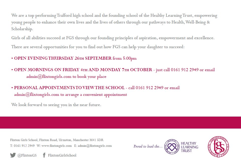 We invite all Yr5/6 students wishing to consider a place here at FGS to attend our Open Evening 26th Sept 5-8pm - you &amp; your daughters opportunity to look around the school, talk to staff &amp; students!