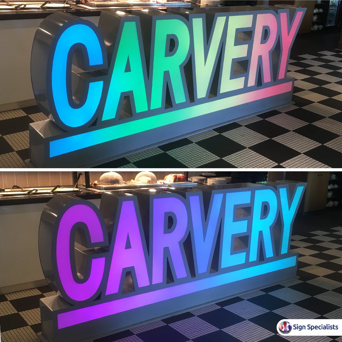How cool is this internally illuminated Carvery sign?! The colours and lighting vary and wave throughout the lettering, producing a vibrant and dynamic finish. #Pub #carvery #sign