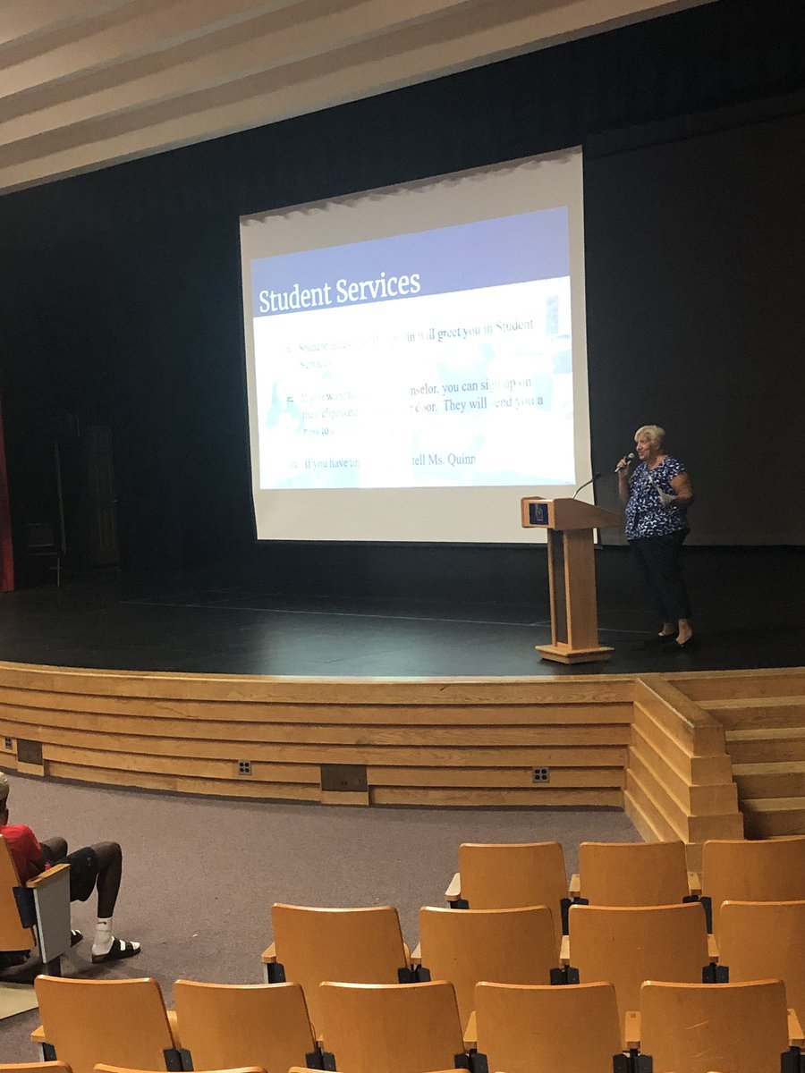 Mrs. Jodi Quinn, our amazing Student Services secretary presenting info at our 9th grade assembly this morning
