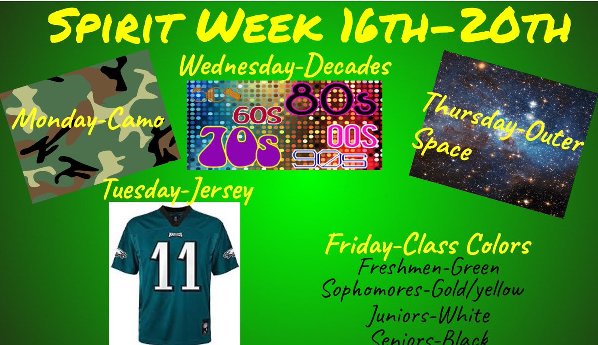 NBHSEagles's tweet photo. Next week is Homecoming Spirit Week! Help your class earn the spirit stick by dressing for the theme each day. #eaglepride https://t.co/A9jCauzpSk