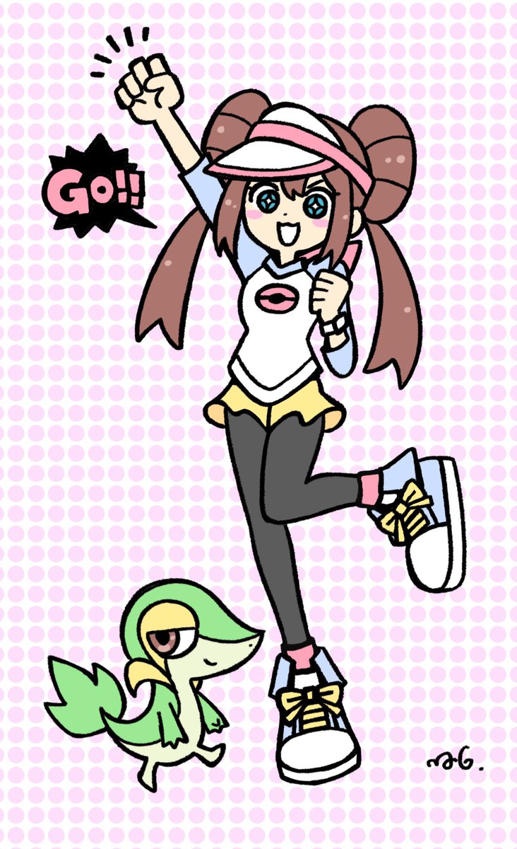 rosa (pokemon) ,snivy 1girl pokemon (creature) pantyhose visor cap brown hair hair bun shorts  illustration images