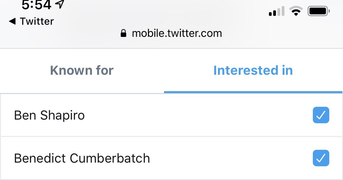 According to twitter I am interested in: Ben Shapiro and Benedict Cumberbatch