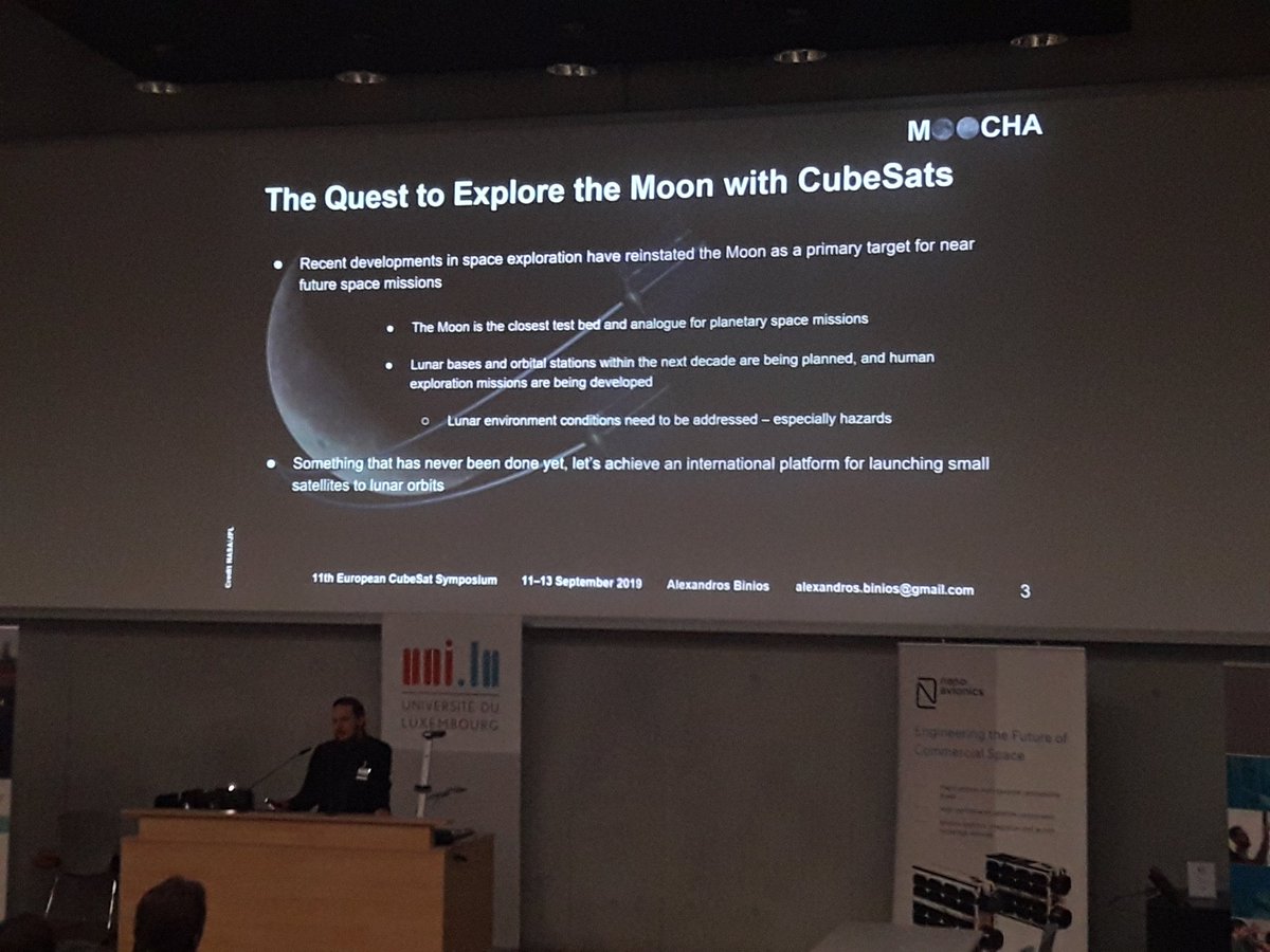 ABinios's tweet photo. An honour attending the 11th #European #CubeSat Symposium and presenting our mission '#Moon Compact #Satellite for Hazard Assessment (#MOOCHA)– An #International #Earth–Moon Small Satellite #Constellation' at the University of #Luxembourg. 🛰 Thank you for the travel grant @ESA https://t.co/w1EAvx43cu