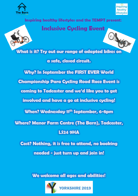 bridgeprojecTAD's tweet photo. TONIGHT! at The Barn (Manor Farm) 6-8pm there is the chance for you to come down for the Cycling Pop Up &amp; try out the weird and wonderful bikes that para athletes will be using for the Paralympic Cycling Races that will be happening in Tad later this month. We'd love to see you! https://t.co/uc17EdhLKr
