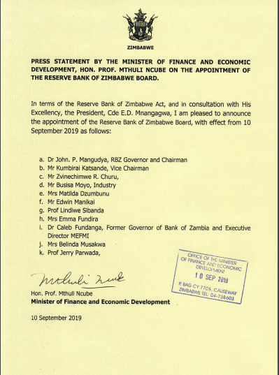 ZimTreasury's tweet photo. Appointment of the Reserve Bank of Zimbabwe Board. https://t.co/7s0XKmXubt