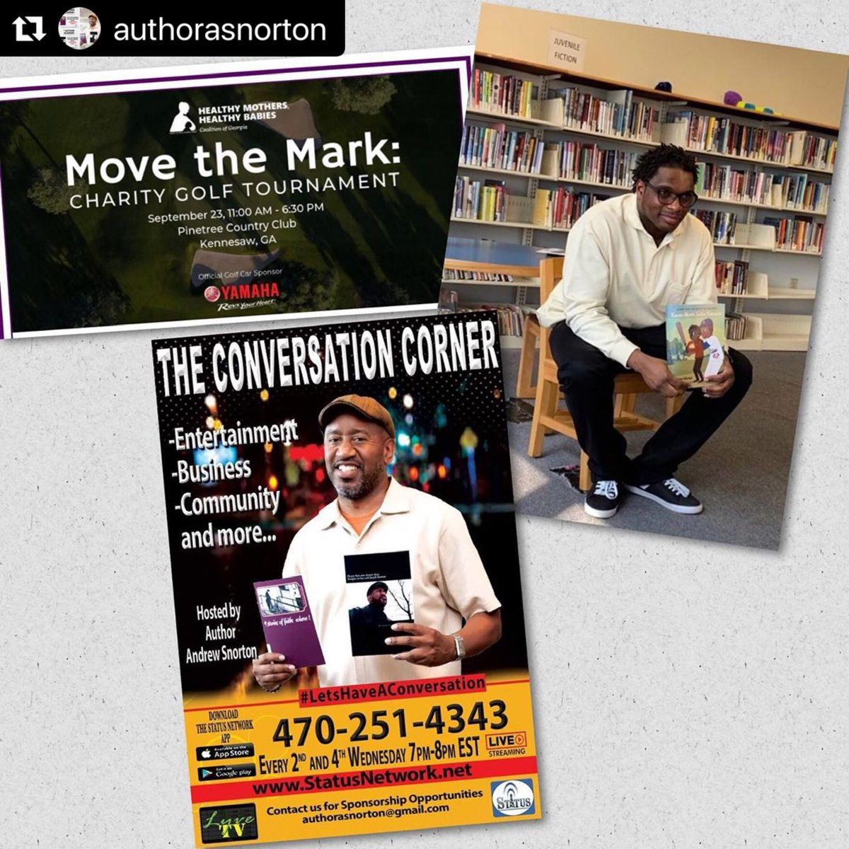 AuthorASnorton's tweet photo. Tune in TONIGHT at 7pm EST on the @status_network_ via #LyveTV for the next LIVE airing of The Conversation Corner with @AuthorASnorton - our guests are @HMHBGeorgia & fellow author Moise Michel who are doing good things in their respective fields! https://t.co/RpCYhivykr