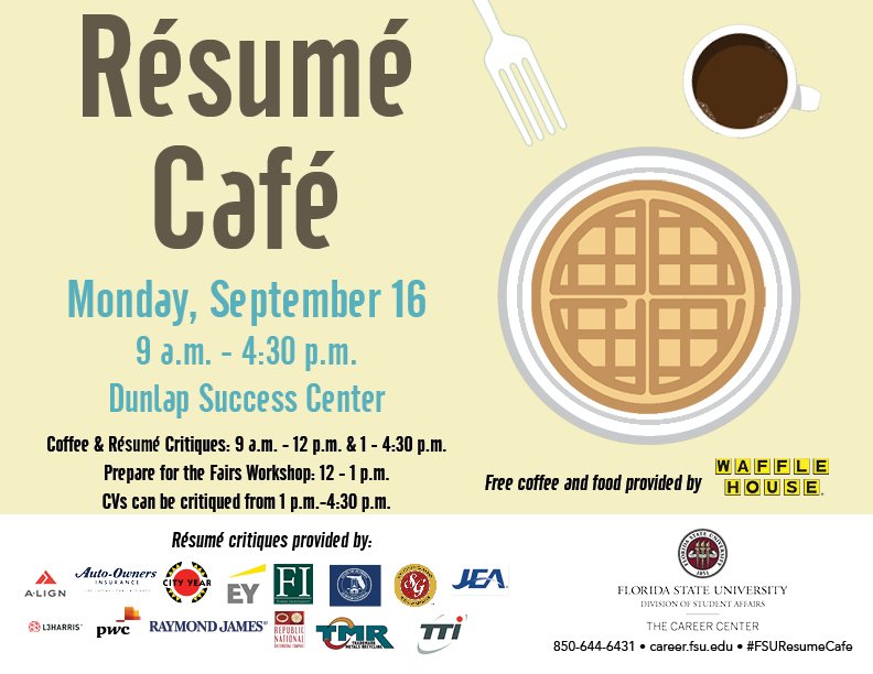 Résumé Café is an ideal opportunity to have your résumé (or CV) reviewed by industry experts before heading out to a career fair! Next Monday! 

Learn more: fla.st/2ks0BP9