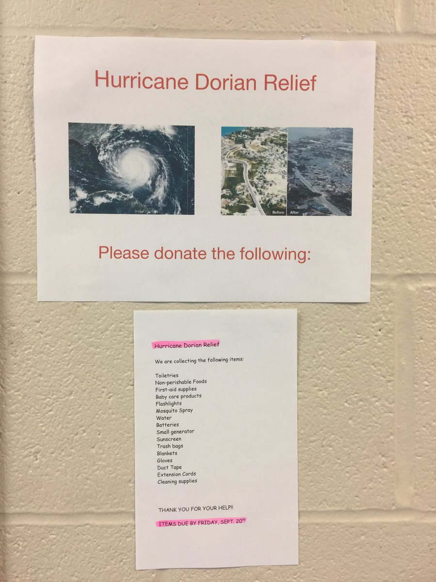 FTISHMS's tweet image. HMS Bluebird Fitness Leaders collecting items for victims of Hurricane Dorian.  All donations due by Friday, September 20.
#bethegoodintheworld