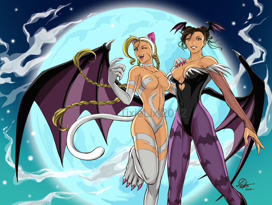 'Me and chun-li dressed up as Morrigan and Felicia from Darkstalkers ' //Art by TixieLix