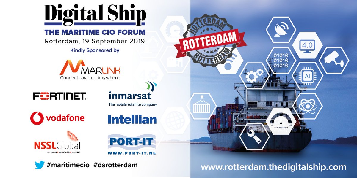 TheDigitalShip's tweet photo. Register for Rotterdam maritime CIO forum next week โ exploring digital transformation and cybersecurity https://t.co/CA2YxUlsd6 #maritimecio #dsrotterdam @Marlink_News @Fortinet @InmarsatGlobal @VodafoneIN @Intellian @NSSLGlobal @P0rtIT https://t.co/xVJyfnLXYR