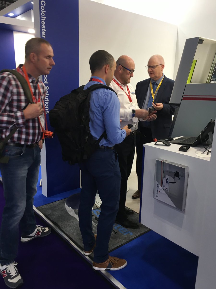 ColchesterMTS's tweet photo. We’re underway at @DSEI_event! A busy start to the morning, with a crowd joining sales manager Mark for a live permanent laser marking demo. #permanentmarking #laser #DSEI https://t.co/CJ6boJvo5Z