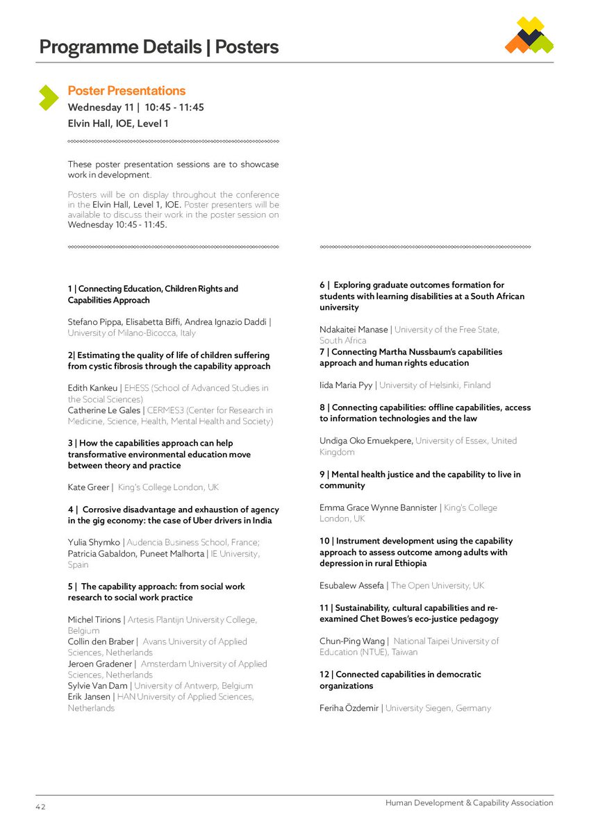 HDCA2019_London's tweet image. The @HDCA2019_London Poster Presentation session takes place today (Wednesday 11th Sept), 10.45-11.45am in the Elvin Hall, on Level 1 @IOE_London! Presenters will be by their posters throughout! See pages 42 &amp;amp; 43 of the programme for full details!! #HDCA2019