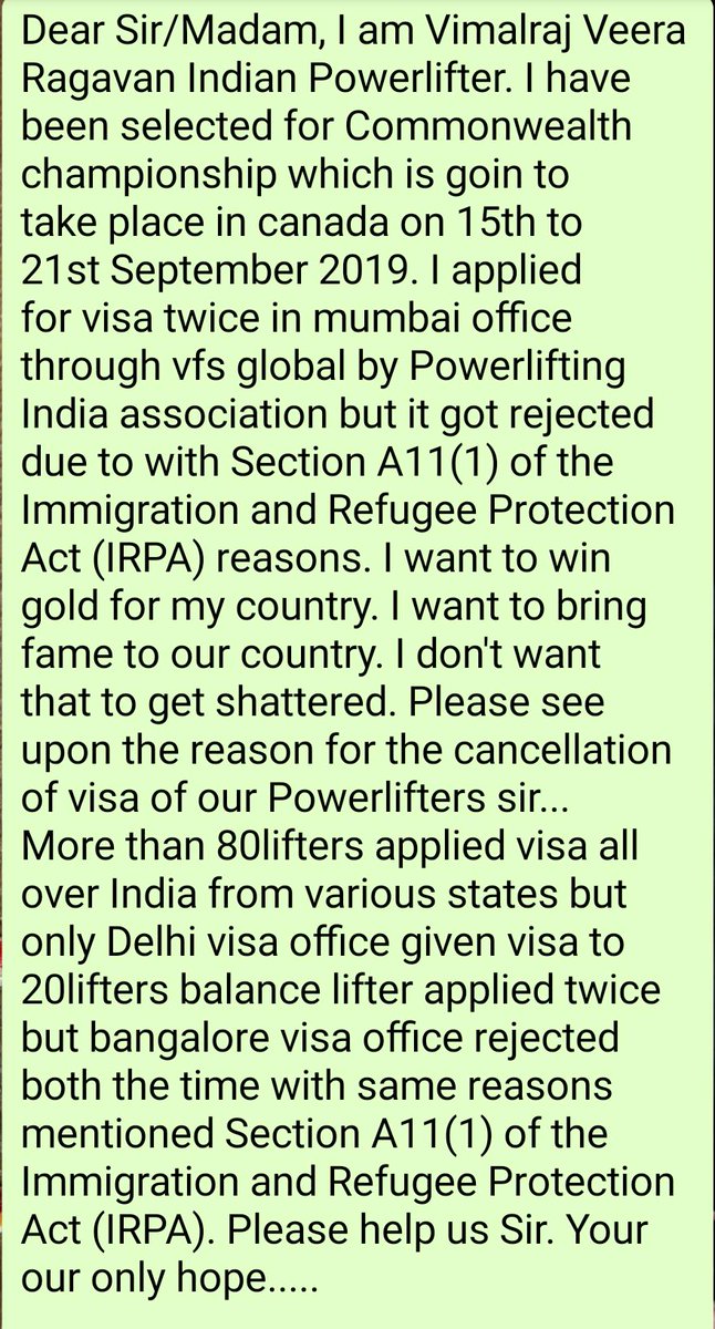 vimalrajv5's tweet photo. @rashtrapatibhvn @narendramodi @PMOIndia @HMOIndia @Nirmala18051949 @DrSJaishankar @KirenRijiju  Dear Sir/Madam, I am Vimal Raj Veera Ragavan Indian Powerlifter. I have been selected for Commonwealth championship which is goin to take place in canada on 15th to 21st Sep 19 https://t.co/Z7vDkfVFl3