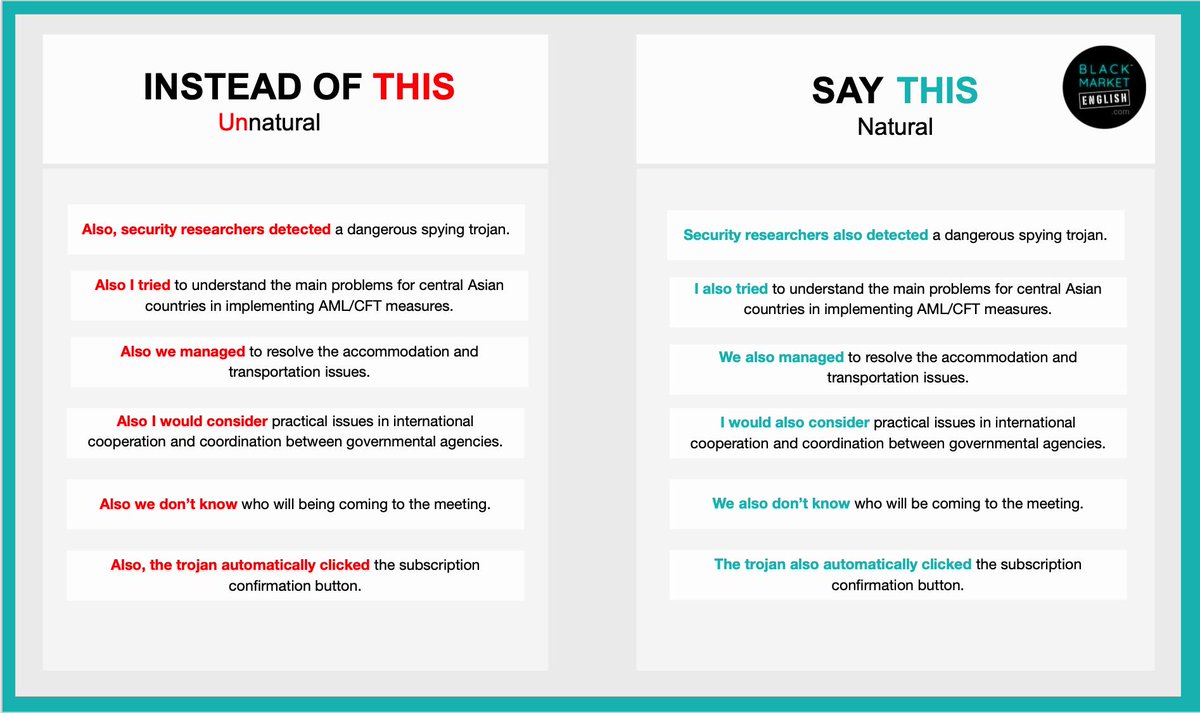 BMarketEnglish's tweet photo. 🤔👩‍🏫 DO YOU WANT TO SOUND MORE NATURAL WHEN YOU WRITE? One of the quickest ways is to place "also" correctly. Unfortunately, many non-native speakers habitually place "also" at the beginning of their sentences, which is not only unnatural, but also a bit of a stereotype. https://t.co/u7aNvWR7cA