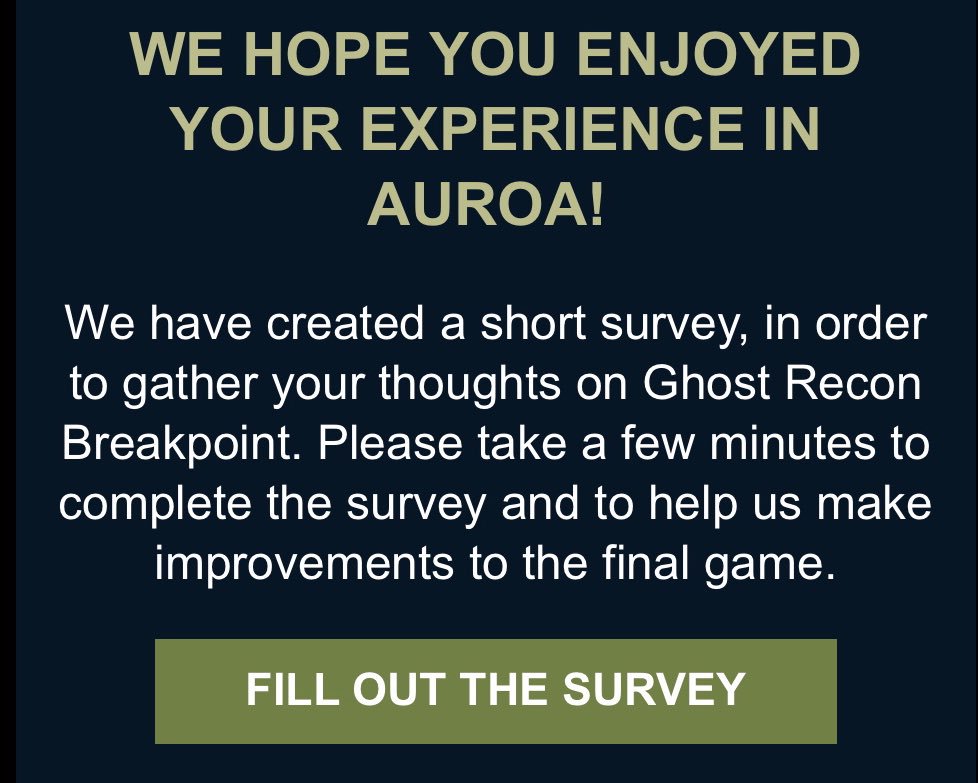Damo_kb8's tweet photo. Don’t forget to check your Emails and fill out the survey if you played the Beta, your feedback is important to the team to help improve the final game 👍 #GhostReconBreakpoint #GhostRecon #GhostReconBETA https://t.co/7YKezDU0IP