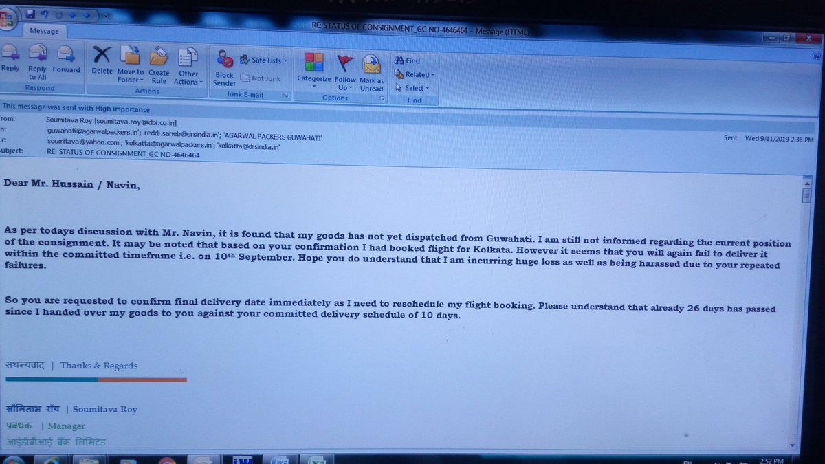 Shibaa7055's tweet photo. @DRSAgarwal @DRSAgarwal check the mail I have sent today. You are requested to assign some senior officials to intervene &amp; resolve the matter. If goods has reached #Guwahati then immediately despatch it for Belonia so as I can get it tomorrow or day after tomorrow at the max. Revert awaited. https://t.co/mh849ZjU4s