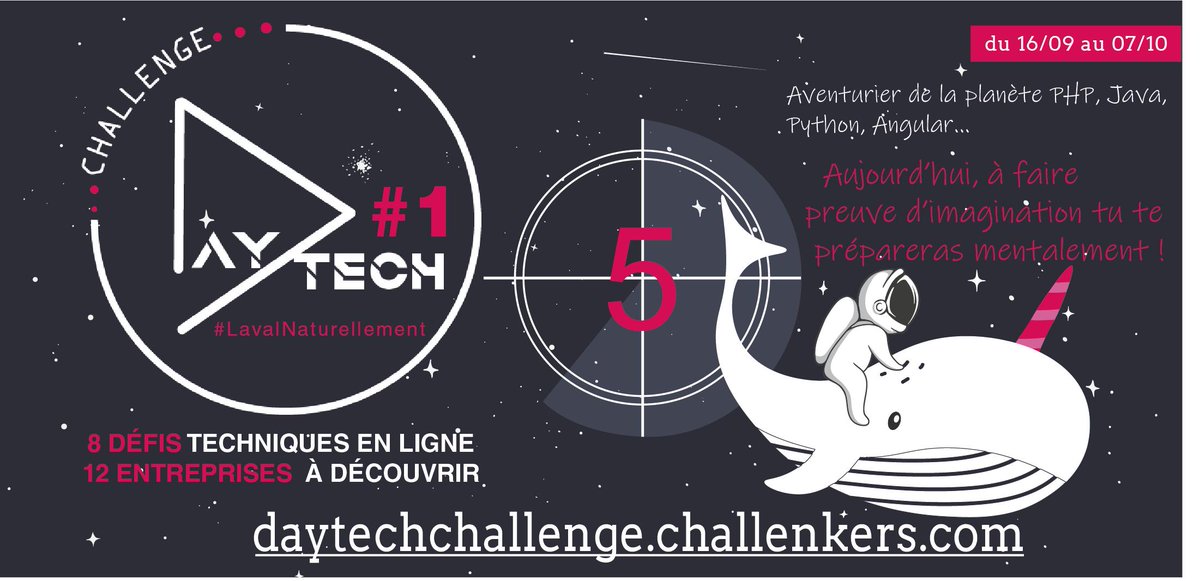 laval_economie's tweet photo. Le compte à rebours est lancé! J-5 avant le Day Tech Challenge #LavalNaturellement, il est temps de commencer à se mettre en condition 💪 pour les aventuriers de tous les coins de la planète PHP, Java, Python, Angular... Faites passer le mot 🙏https://t.co/z8FxFuaRWh #Recrutement https://t.co/VL7rIlpk82