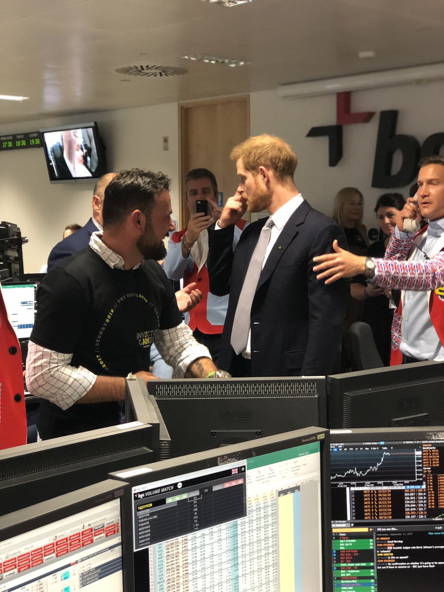 WeAreInvictus's tweet photo. An amazing atmosphere here at #BGCcharityday as our Patron The Duke of Sussex joined by former #InvictusGames competitor @commandovice has just closed one of the biggest trade deals of the last five years - all in aid of charity! https://t.co/iOsK5ZMjyd