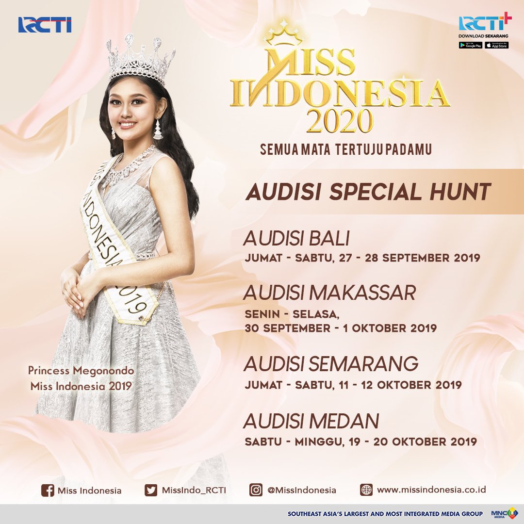 Cantik! Ini dia jadwal untuk audisi Special Hunt #MissIndonesia yang siap digelar di beberapa kota di Indonesia, seperti; Bali, Makassar, Semarang, dan Medan.

Cek flyer ini dan catat tanggalnya ya untuk tau jadwal yang ada di kota terdekat kamu. Jangan sampai terlewatkan ya..