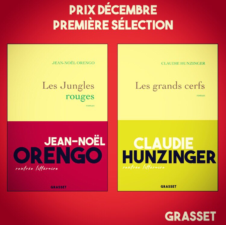 #prixlitteraires 
LES JUNGLES ROUGES de Jean-Noël Orengo et LES GRANDS CERFS de Claudie Hunzinger sont dans la première sélection du Prix Décembre. 
#rentreelitteraire2019 #rentreelitteraire #prixdecembre #lesjunglesrouges #lesgrandscerfs #jeannoelorengo #claudiehunzinger