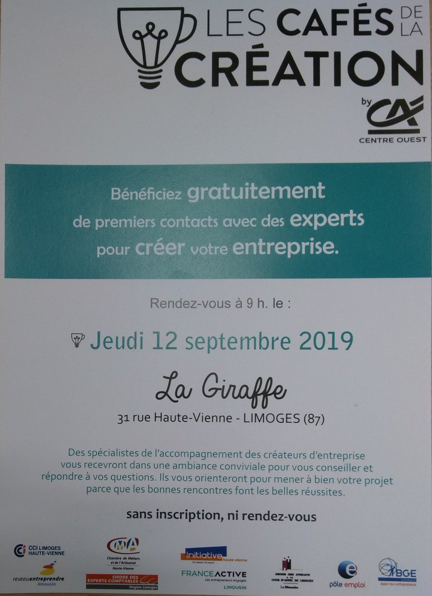 [ ☕ #Entrepreneur ] Les cafés de la #création d'entreprise jeudi 12/09 à 9h à La Giraffe à #Limoges pour bénéficier de premiers contacts d'experts.