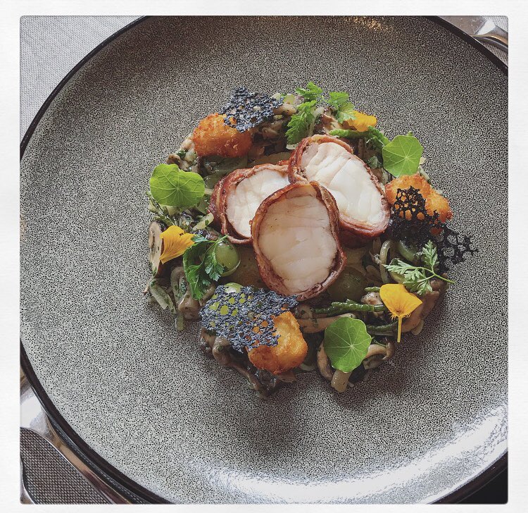 wezwatts's tweet image. Monkfish wrapped in pancetta, lyonnaise potatoes, pickled mushroom and grapes,scampi.