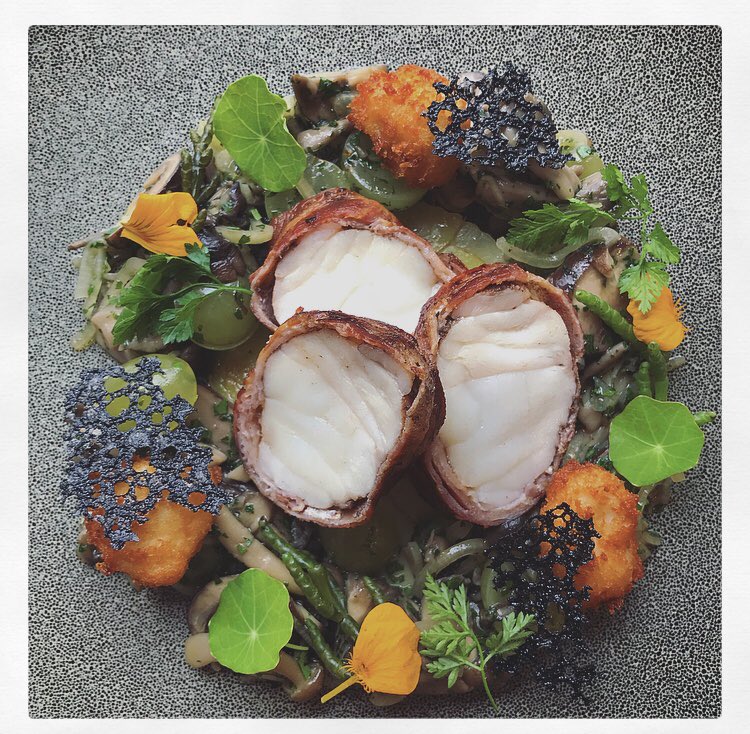 wezwatts's tweet image. Monkfish wrapped in pancetta, lyonnaise potatoes, pickled mushroom and grapes,scampi.