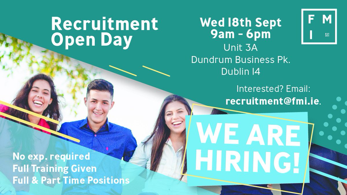 CareersFmi's tweet photo. One week to go! Come along to our Recruitment Open Day next Wednesday, 18th September! We have lots of exciting roles available in sales, mystery shopping, merchandising and product sampling! 
#jobfairy #job #career #sales https://t.co/isqM6ZKyKT