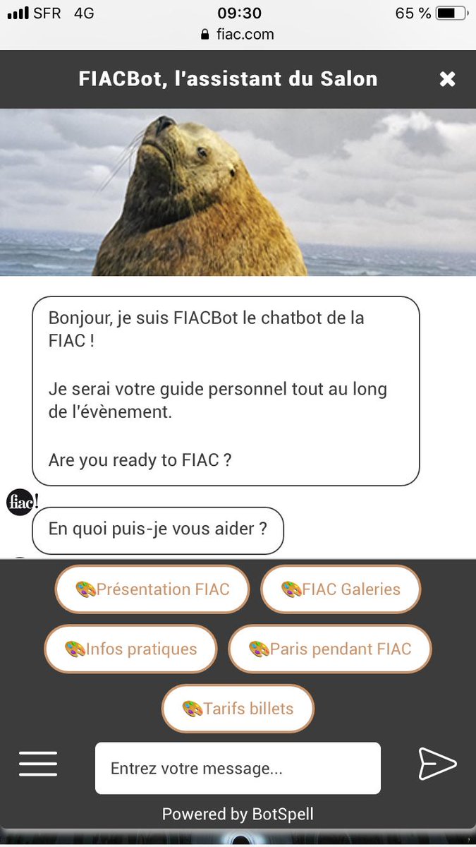 FIAC's tweet image. On vous présente notre #FIACBot, votre guide 24h/24 et 7j/7 de tout ce qui concerne la FIAC 2019! Retrouvez-le sur notre site et sur Facebook Messenger. Merci à ses créateurs, nos amis chez @BotSpell_AI! 
#FIAC #FIAC2019 #BotSpell
fiac.com

facebook.com/fiacparis/