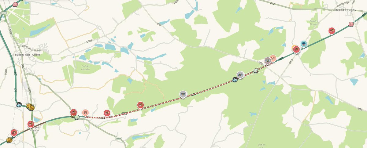 WazeAllier's tweet photo. ⚠️Prudence 🚒🚑
#accident #RCEA #N79 entre Toulon/allier et #Montbeugny
Circulation coupée dans les 2 sens jusqu'à la fin de journée. Route fermée sur #Waze
Laissez l'accès libre aux secours
#inforoute @SDIS_03 @Gendarmerie @MontagneMoulins @Allierdpt @Prefet03 @WazeAuvergne https://t.co/xO18qta8sb