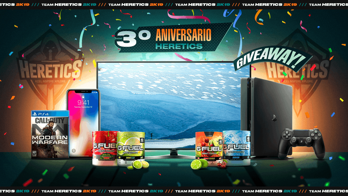TeamHeretics's tweet photo. Último día para celebrar nuestro CUMPLEAÑOS con el sorteo junto a @GFuelEnergy. 

Más de 2.500€ en premios te están esperando. 

https://t.co/vTtAXDPnDh https://t.co/fzaJYzM3SV