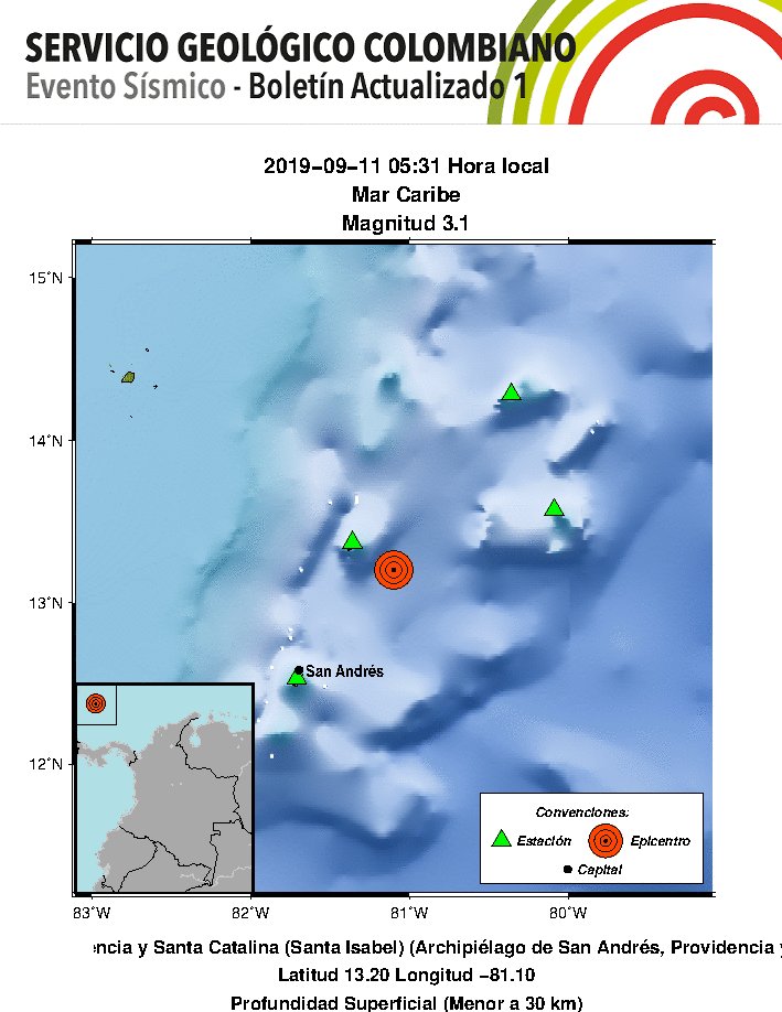 sgcol's tweet photo. #SismosColombiaSGC Evento Sísmico - Boletín Actualizado 1, 2019-09-11, 05:31 hora local. Magnitud 3.1, Profundidad Superficial (Menor a 30 km), Mar Caribe #NoticiaEnDesarrollo #Temblor #Sismo ¿Sintió este sismo? repórtelo: https://t.co/KCTvejp6Oi https://t.co/Tx2tYorhSb