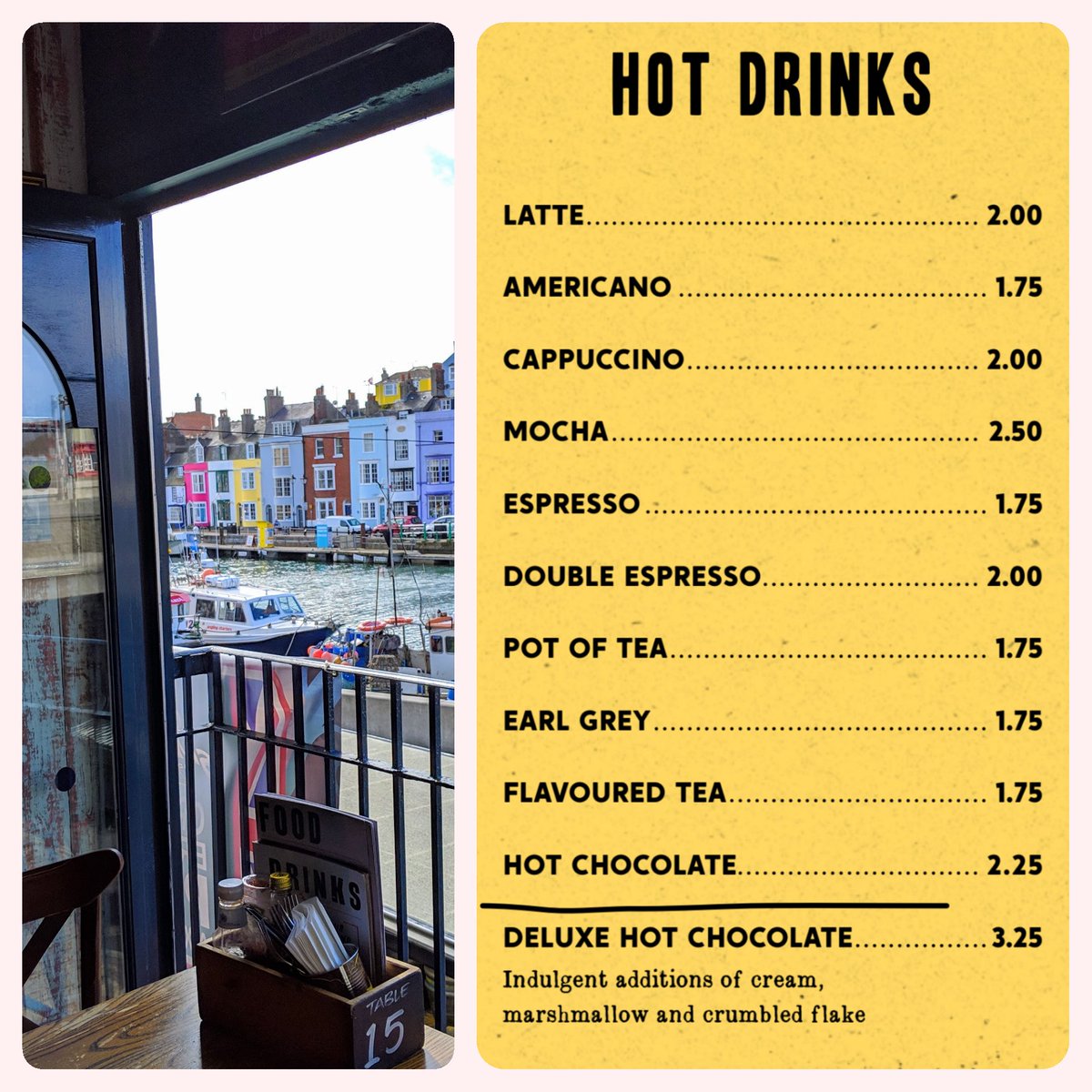 Who loves hot drinks &amp; Harbour views 🥰
we've got a nice, classic hot drink menu for a windy day like this! Come in for a cupa!