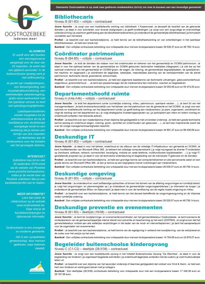 Zoek je een toffe job?
Kom werken als bibliothecaris, coördinator patrimonium, departementshoofd ruimte, deskundige IT, deskundige omgeving, deskundige preventie en evenementen, begeleider kinderopvang.

oostrozebeke.be/geme…/61-www/295-www/946-www.html