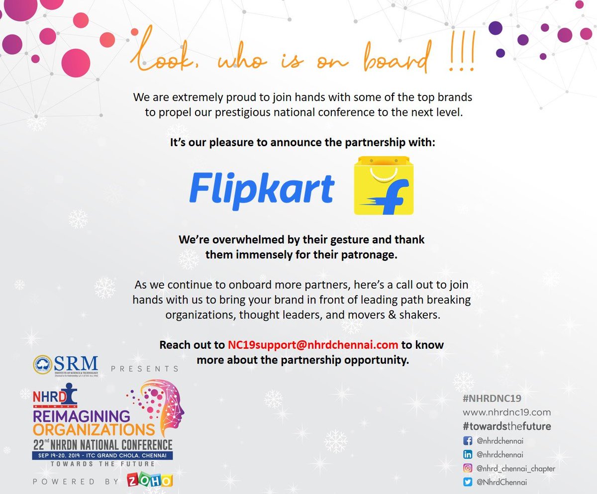 NhrdChennai's tweet photo. We are proud to join hands with Flipkart (@Flipkart) to propel our prestigious Re-imagining Organizations - 22nd NHRDN National Conference to the next level.

Date: 19-20 September 2019
Venue: ITC Grand Chola, Chennai
Kalyan Krishnamurthy (@_Kalyan_K) https://t.co/VviwIhhSOG