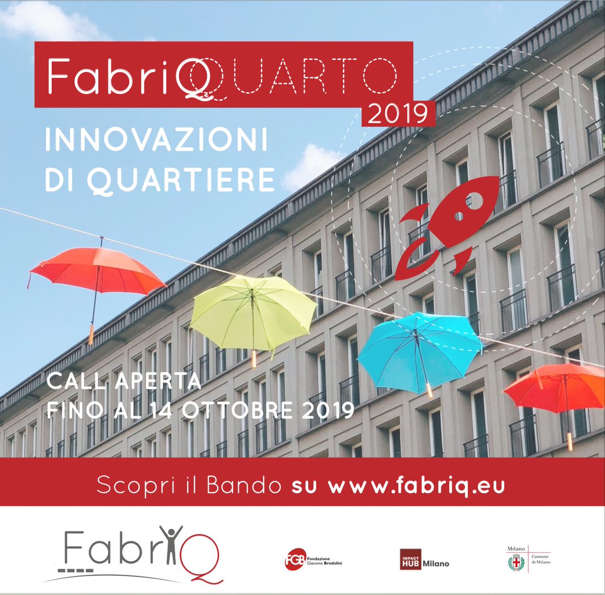 Mercoledì 18 settembre ore 18
🔹presentazione del bando #FabriQQuarto2019
🔹Sessione Q&amp;A
🔹Team di FabriQ e <a href="/ComuneMI/">Comune di Milano</a> a disposizione
Vi aspettiamo al <a href="/MilanoLUISSHub/">MilanoLUISSHub</a> 
Iscrivetevi qui ↘️ bit.ly/2lKp4zs