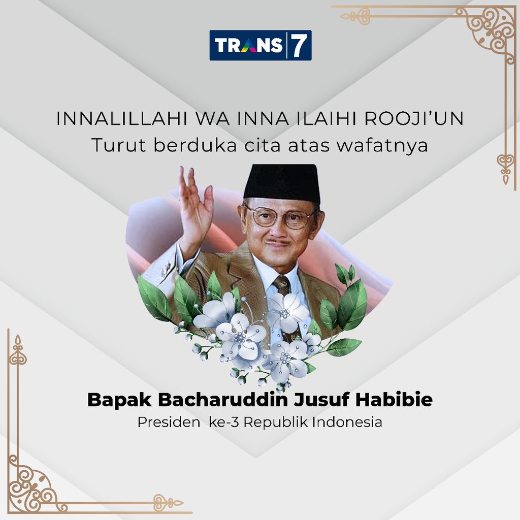 Innalillahi wa inna ilaihi rajiun. 
Turut berduka cita atas berpulangnya Presiden Indonesia ke-3 Bacharuddin Jusuf Habibie. Semoga almarhum husnul khotimah dan keluarga yang ditinggalkan diberi ketabahan. 

Selamat Jalan Pahlwan 🙏🏼🇮🇩