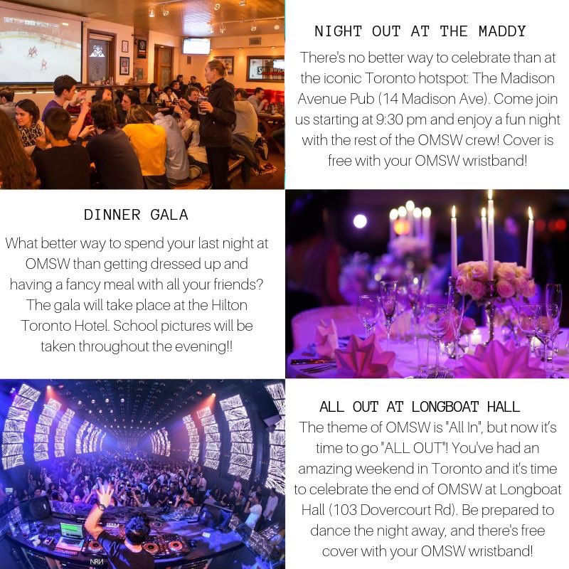 We have some great social planned in downtown Toronto! Check it out and make sure you get your tickets at omsw.ca Reminder that you need a ticket to enter these events