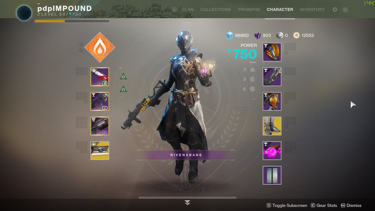 pdp_impound's tweet photo. Last night I was finally able to get the RIVENSBANE title!! Honestly didn’t think I’d be able to since I was so behind. Awesome part is that I got mine with @LOKIkillsALL in an all REZO raid then I helped @KBNinjaTwitch get his later too! #Destiny2 #EndGame #FriendGame https://t.co/hm8sjNEERa