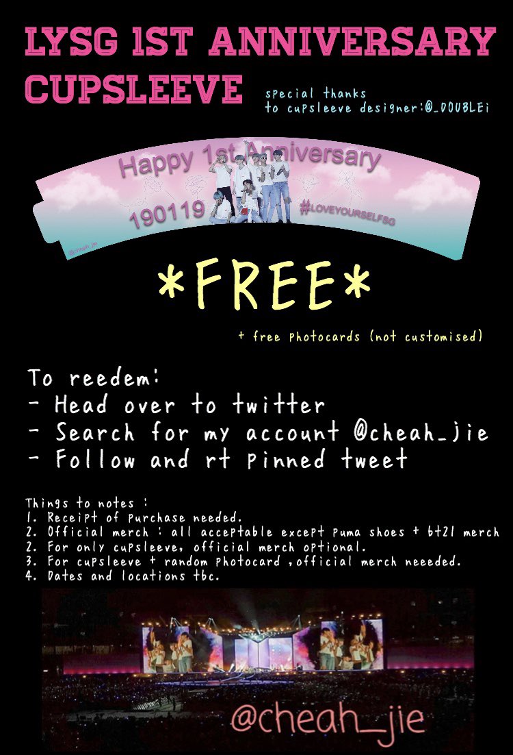 haoaijunshua13's tweet photo. ♥️ [HELP RT] ♥️
🔜

🌟LOVEYOURSELF SG🌟

▶️ FREE 1000 cupsleeves to be given out ◀️

▶️ will be using #AJcupsleeve for updates ◀️

▶️ timings &amp; location tbc ◀️

🔽 rules to reedem mentioned 🔽

*do comment below if you have any qns* https://t.co/mLeEe2sTEg