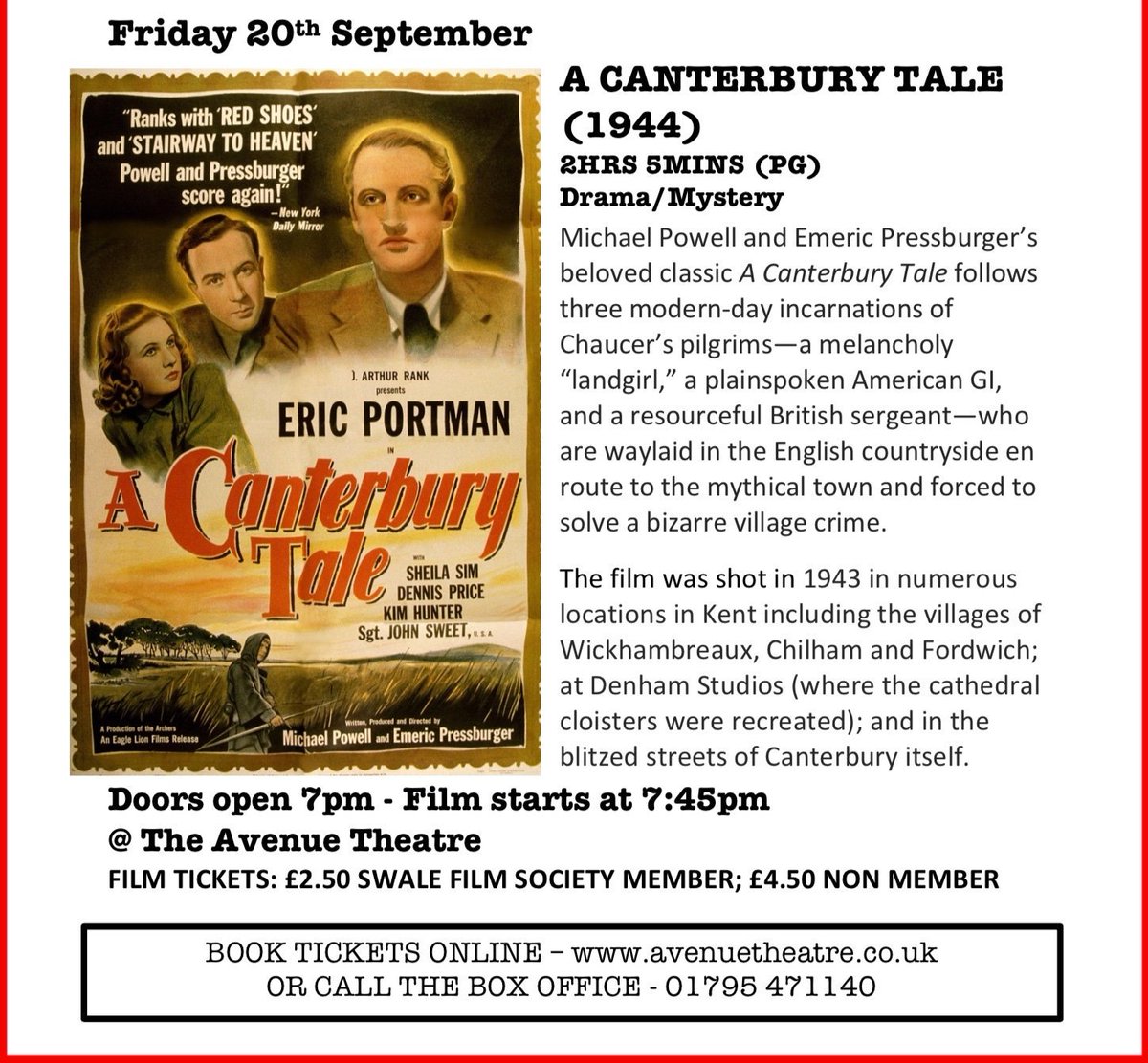 The @SwaleFilmFest kicks off with #ACANTERBURYTALE! Will u be joining us for our opening night? Let us know! Plse share & spread the word, we are so excited to bring such a fascinating film to this year's Swale Film Festival! @filminginkent @NewingtonHG @HistorySitt #Swale #Kent