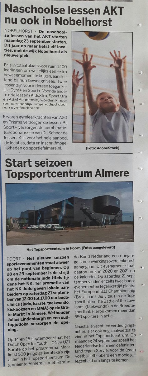 Twee berichten onder elkaar in de <a href="/AlmereDEZEWEEK/">Almere DEZE WEEK</a> waarin onze bijdrage aan de stad wordt genoemd: de <a href="/AKTalmere/">Almere Kenniscentrum Talent (AKT)</a> Sport+ lessen en het door de <a href="/cf_sport/">CF Sport</a> i.s.m. <a href="/SportAlmere/">Sport Almere</a> georganiseerde budo event op de Grote Markt.

#heelAlmereinbeweging

<a href="/deschoor/">De Schoor</a>