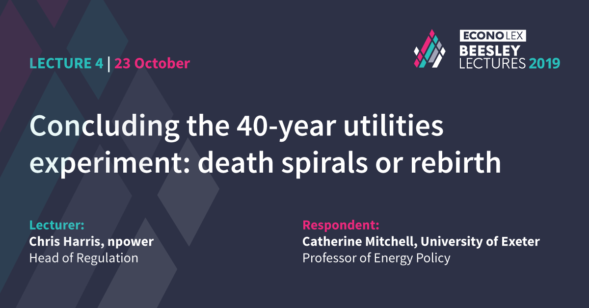 Econolex_'s tweet photo. Hear from Chris Harris of @npower_ng and Catherine Mitchell of @UniofExeter as they discuss the 40-year utilities experiment: death spirals or rebirth.

Find out more > https://t.co/lHqauG33NT

#BeesleyLectures #Utilities https://t.co/9wOmg1dz2X