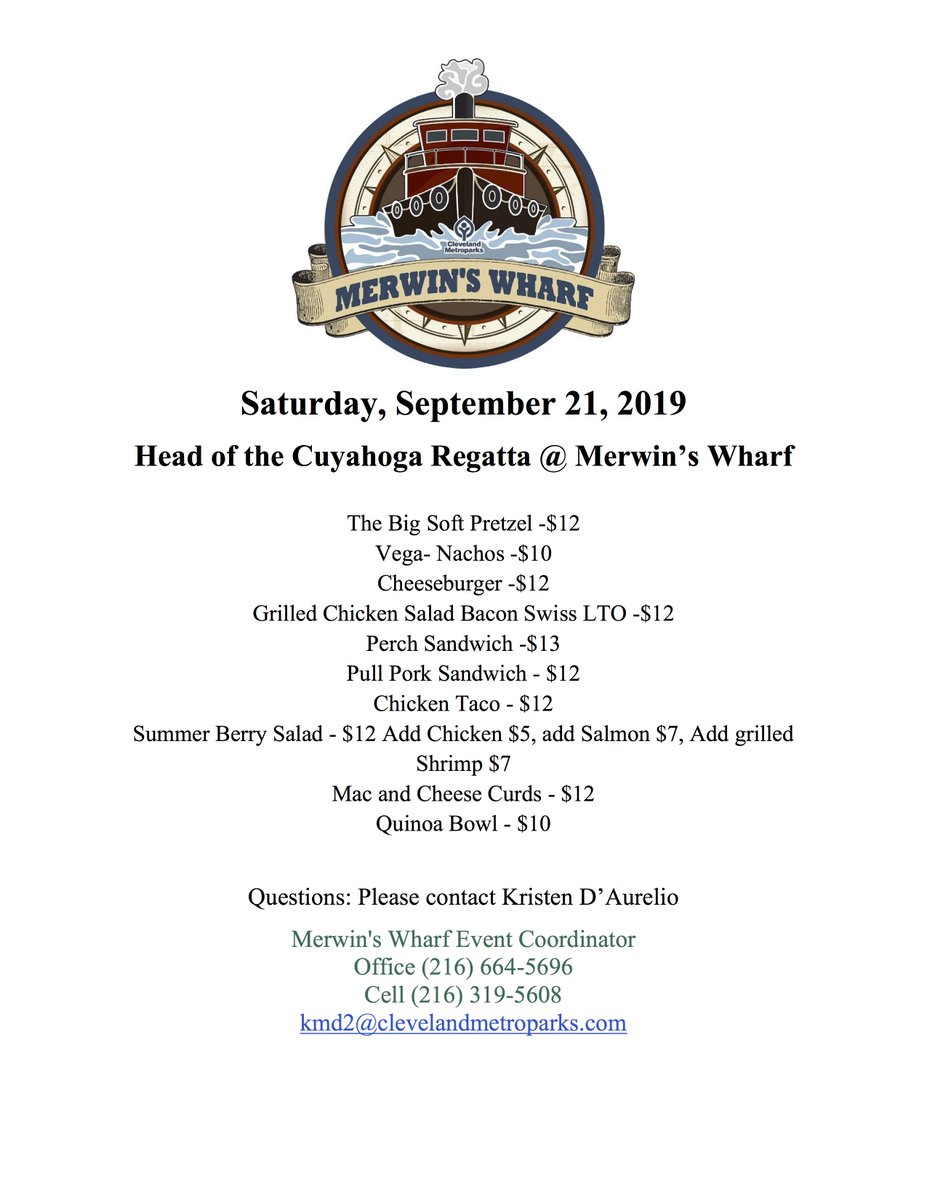 HOTCRegatta's tweet photo. Our neighbor @clevemetroparks' Merwin's Wharf is gearing up for the HOTC with dinner Friday ($10 pasta buffet) and a special event menu on Saturday. The bar will be going strong too!
#RegattaFood #EatsAndDrinks #HOTC2019 https://t.co/0msvqm1WRc