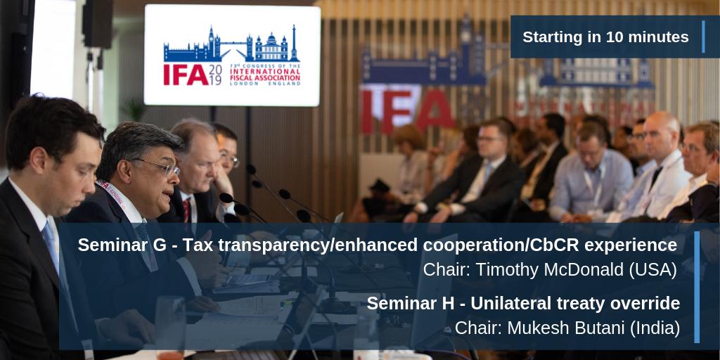 We hope you enjoyed lunch and are ready for this afternoon’s fascinating sessions:
Seminar G - ‘Tax transparency/enhanced cooperation/CbCR experience’ chaired by Timothy McDonald (USA) 
and
Seminar H - ‘Unilateral treaty override’ chaired by Mukesh Butani (India)
