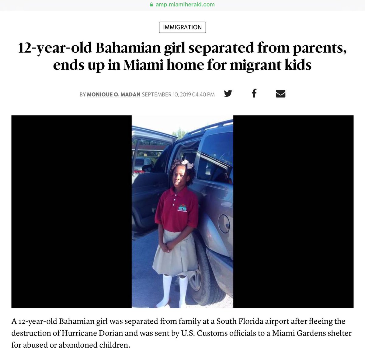 Why on earth are we taking kids away from their family because of #Dorian ? 

This child was separated and instead of finding her Mom or Dad, she was sent to a #CBP facility!

She is a #HurricaneDorain victim, not a criminal. This has GOT TO STOP!
#FAMILIESBELONGTOGETHER