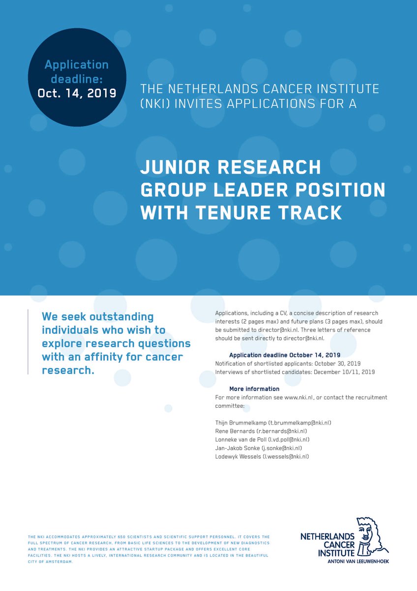 Tweeps, please retweet- The NKI has 2 junior group leader positions open, deadline (October 14th)- I can vouch for it, it is a wonderful place to work at, with brilliant colleagues, amazing facilities and team spirit...in the cool city of Amsterdam! Join us! <a href="/NKI_nl/">The Netherlands Cancer Institute</a> <a href="/hetAVL/">Antoni van Leeuwenhoek</a>