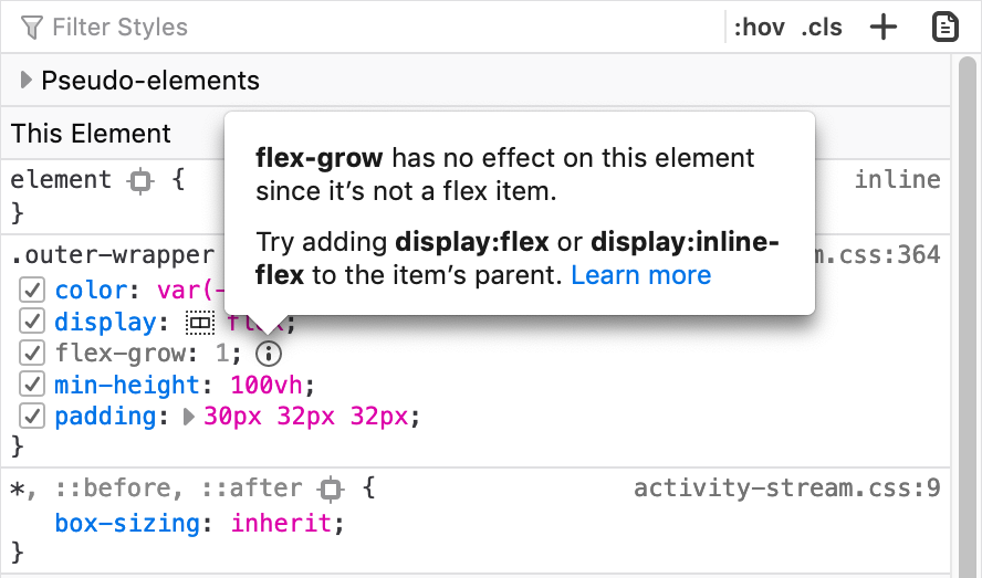 Firefox DevTools (@firefoxdevtools) on Twitter photo 🌅 Now in Beta: Inactive CSS!
We show you which CSS properties aren’t affecting the selected element and why.
(Has this saved you time already? We love hearing from you and seeing screenshots!)
—<a href="/violasong/">Victoria Wang</a>
mozilla.org/en-US/firefox/… 🌅 Now in Beta: Inactive CSS!
We show you which CSS properties aren’t affecting the selected element and why.
(Has this saved you time already? We love hearing from you and seeing screenshots!)
—<a href="/violasong/">Victoria Wang</a>
mozilla.org/en-US/firefox/…