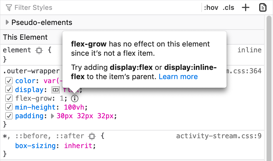 🌅 Now in Beta: Inactive CSS! We show you which CSS properties aren’t affecting the selected element and why. (Has this saved you time already? We love hearing from you and seeing screenshots!) —@violasong mozilla.org/en-US/firefox/…