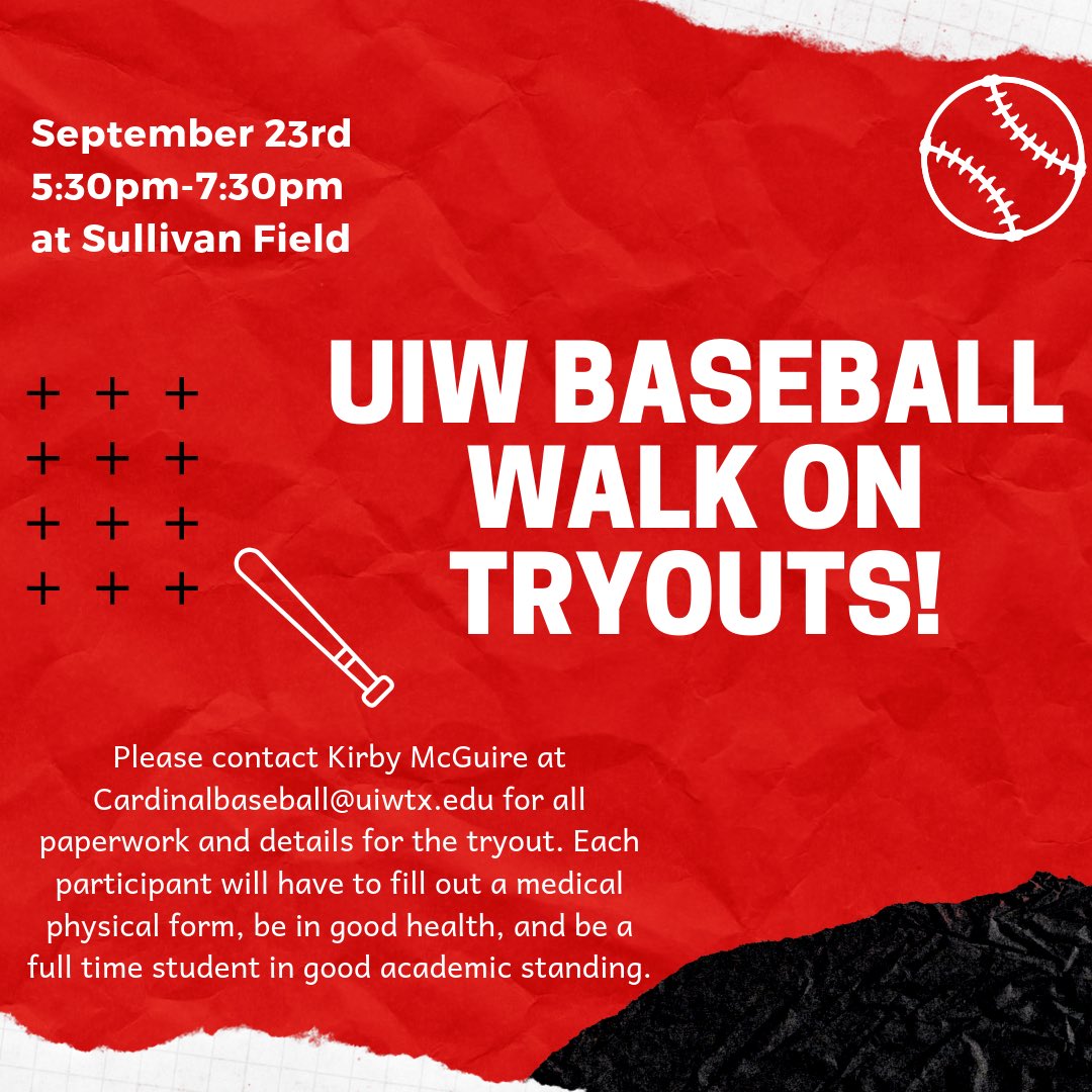UIWcampusengage's tweet photo. Want to play for UIW Baseball ⚾️?
Come out to Walk On Tryouts!
🗓 September 23rd
⏰ 5:30pm-7:30pm
🏟 Sullivan Field
Please contact Kirby McGuire at Cardinalbaseball@uiwtx.edu for all paperwork and details for the tryout.
#UIWAthletics #UIWBaseball @uiw_athletics @uiwbaseball https://t.co/55iHdlZ9Hg